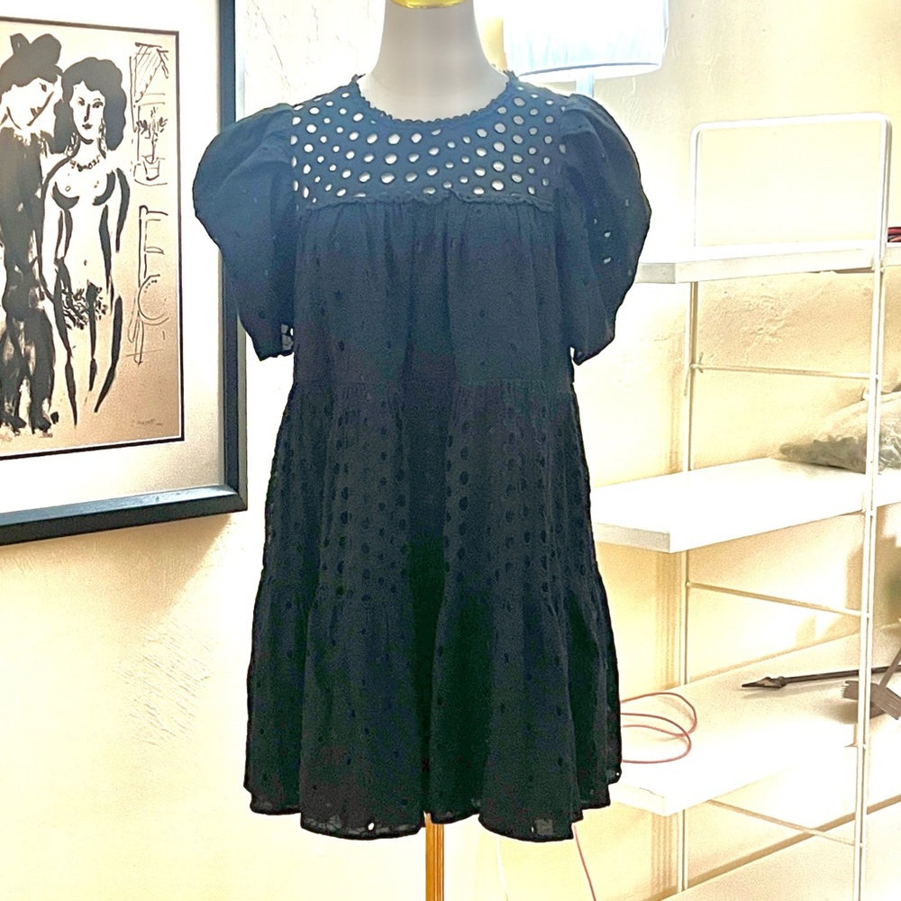 &Merci, Adorable,Completely Lined Black Eyelet Puff Sleeve Cotton Dress,Size S - Picture 12 of 12